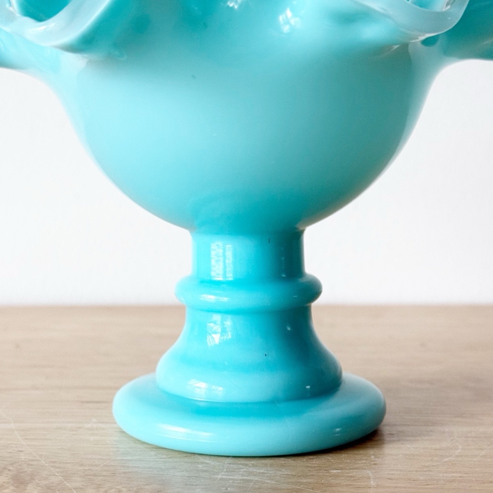 Vintage Fenton Silver Turquoise Crest Crimped Compote MCM Pedestal Bowl - Picture 7 of 16
